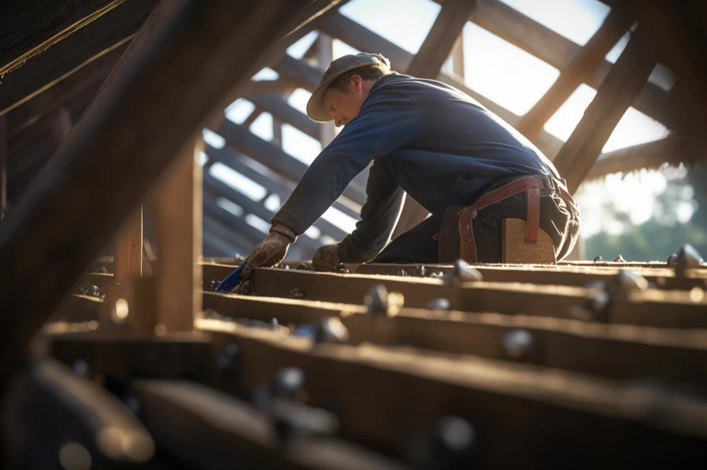 Dachdecker arbeitet in einem Dachstuhl.