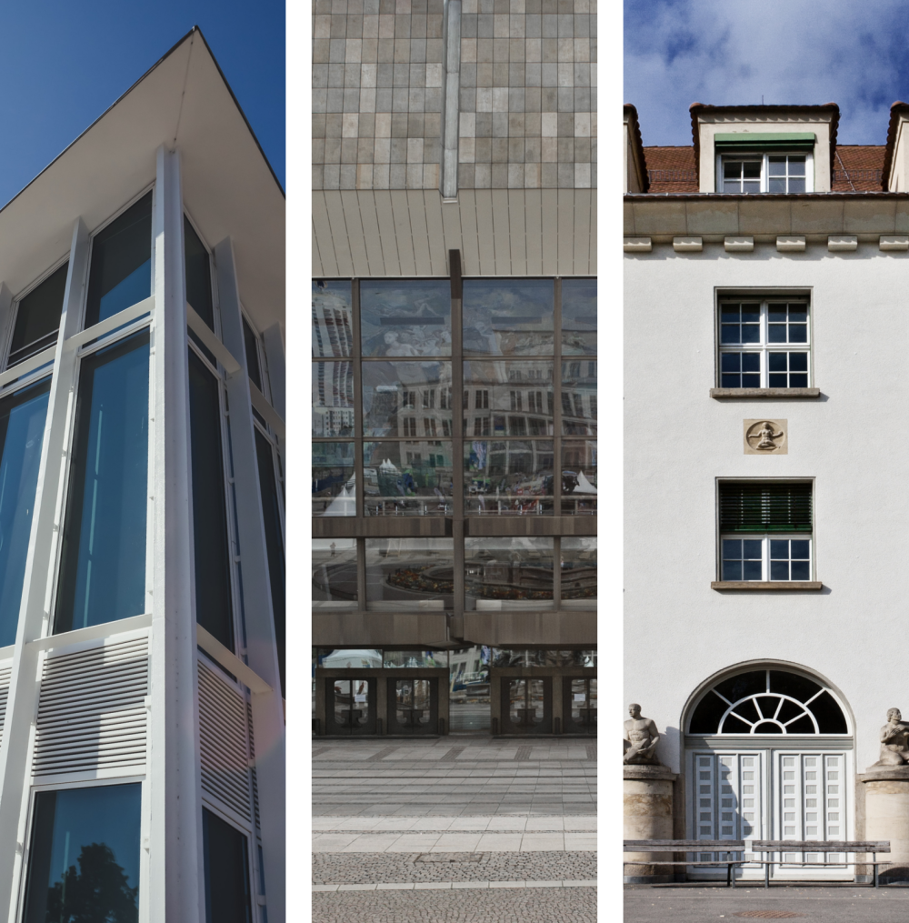 Teaserbild mit Referenzen: Hyperschale Magdeburg, Gewandhaus Leipzig, Translationszentrum Uniklinik Leipzig